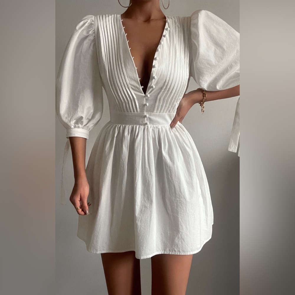 SHOWPO— White Dress with button up front, v-neck, puff sleeves